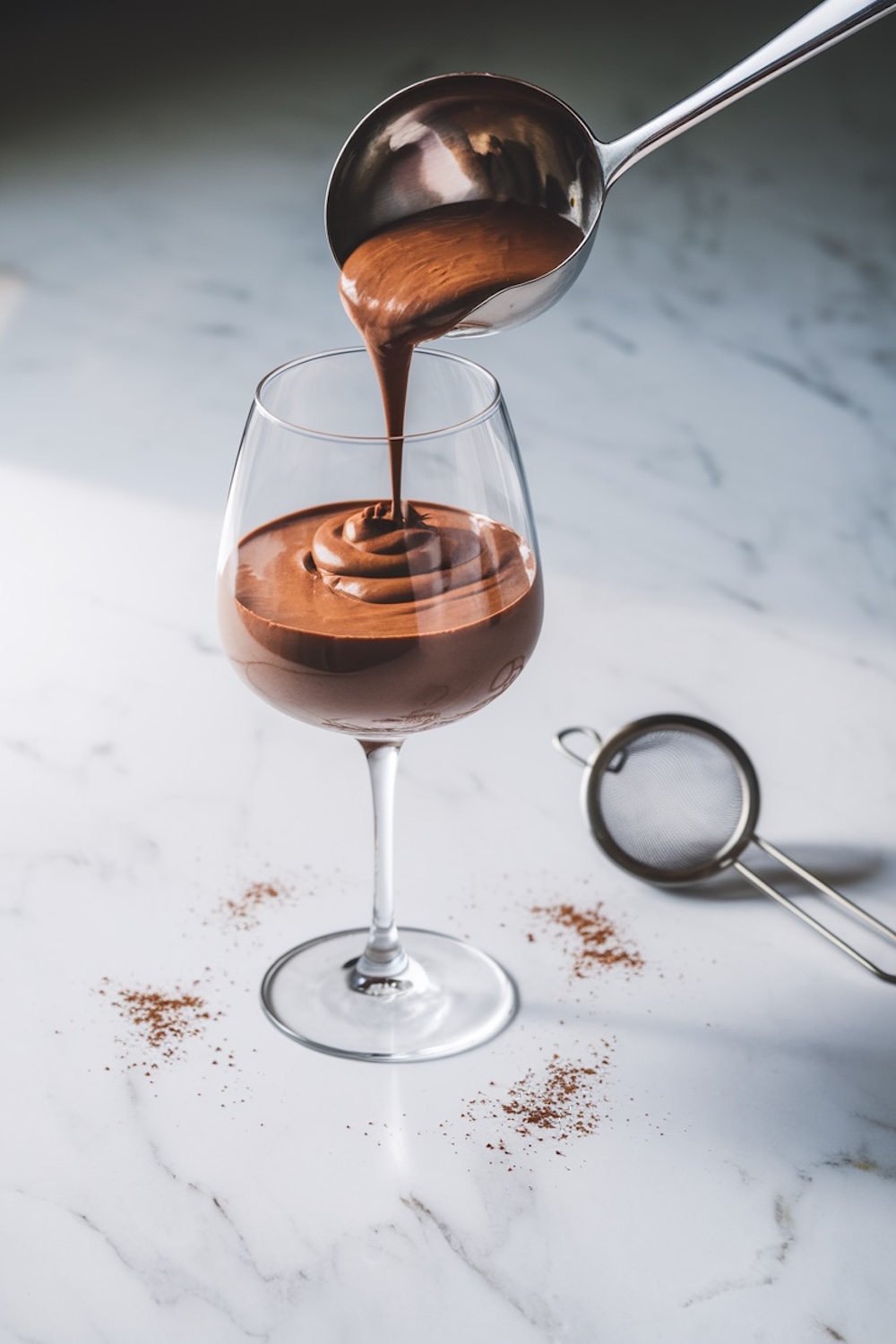 A styled glass filled with chocolate mousse being poured from a ladle, surrounded by cocoa powder dust and a fine mesh strainer, creating a minimalistic and elegant presentation.