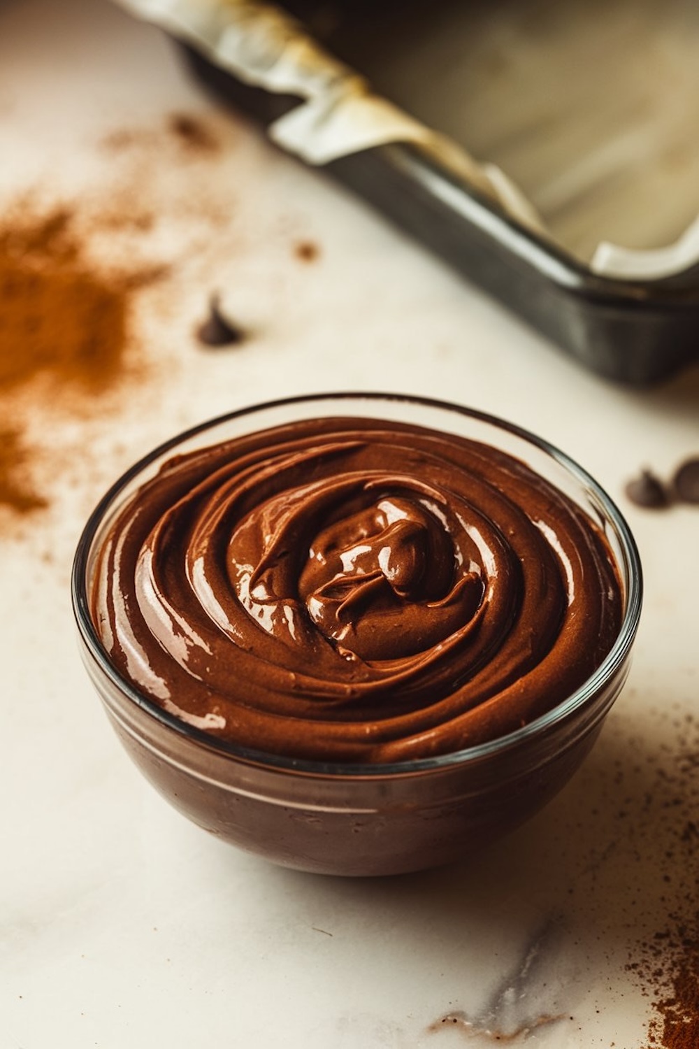 A glass bowl filled with smooth, glossy chocolate batter, ready for brownie preparation. The rich and velvety texture hints at a dense, fudgy outcome, ideal for chocolate lovers.