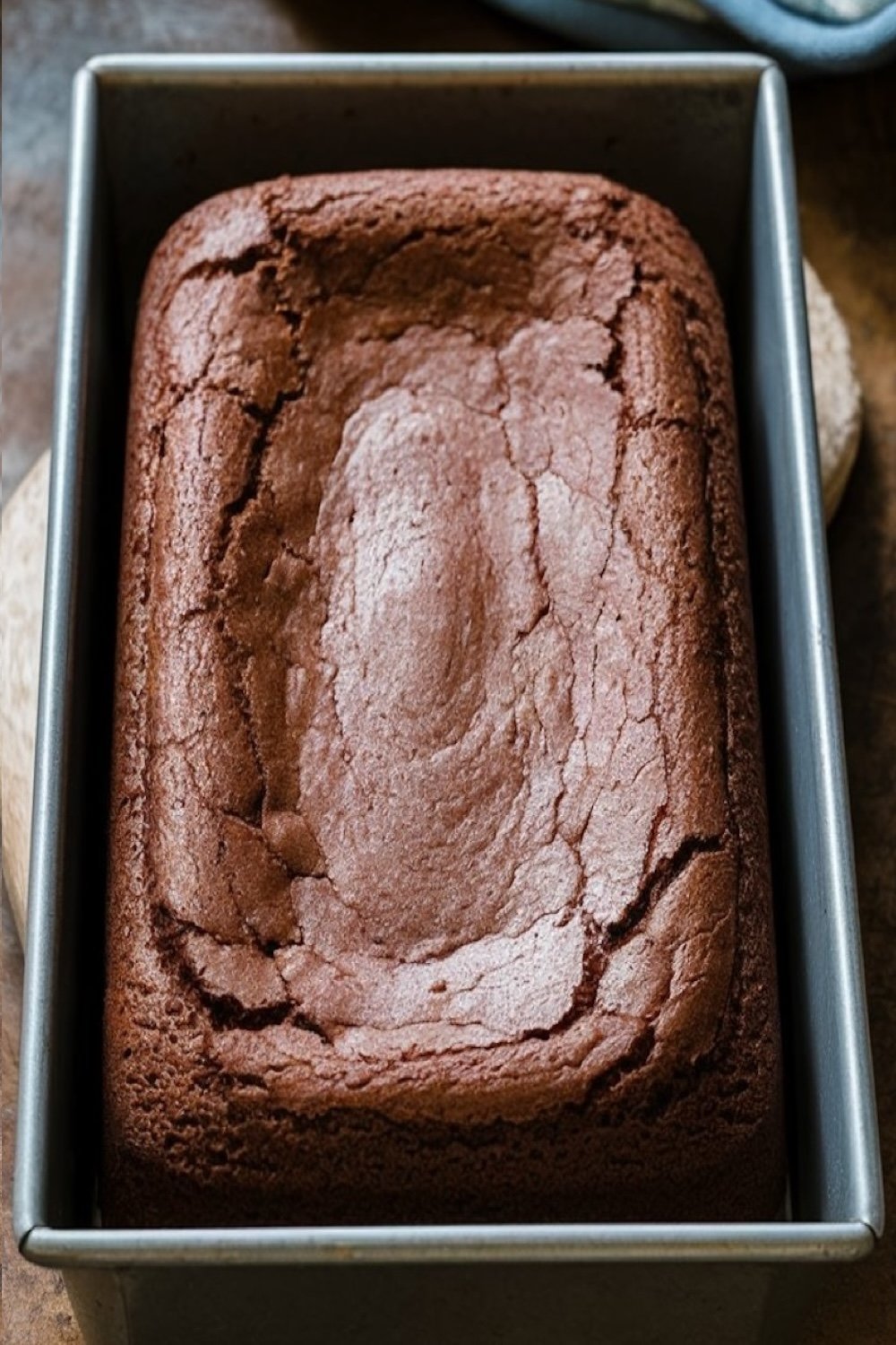 A freshly baked chocolate pound cake cooling in a loaf pan, with a beautifully cracked top that hints at its rich, dense texture. The rustic look of the cake in its pan adds a cozy, homemade feel, perfect for baking enthusiasts seeking an easy yet impressive recipe.