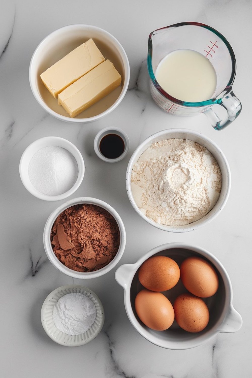 Flat lay of ingredients needed for a chocolate pound cake, including butter, sugar, eggs, cocoa powder, flour, milk, vanilla extract, and baking powder. Each ingredient is neatly arranged in separate bowls on a white marble countertop, emphasizing simplicity and the essentials for homemade baking.