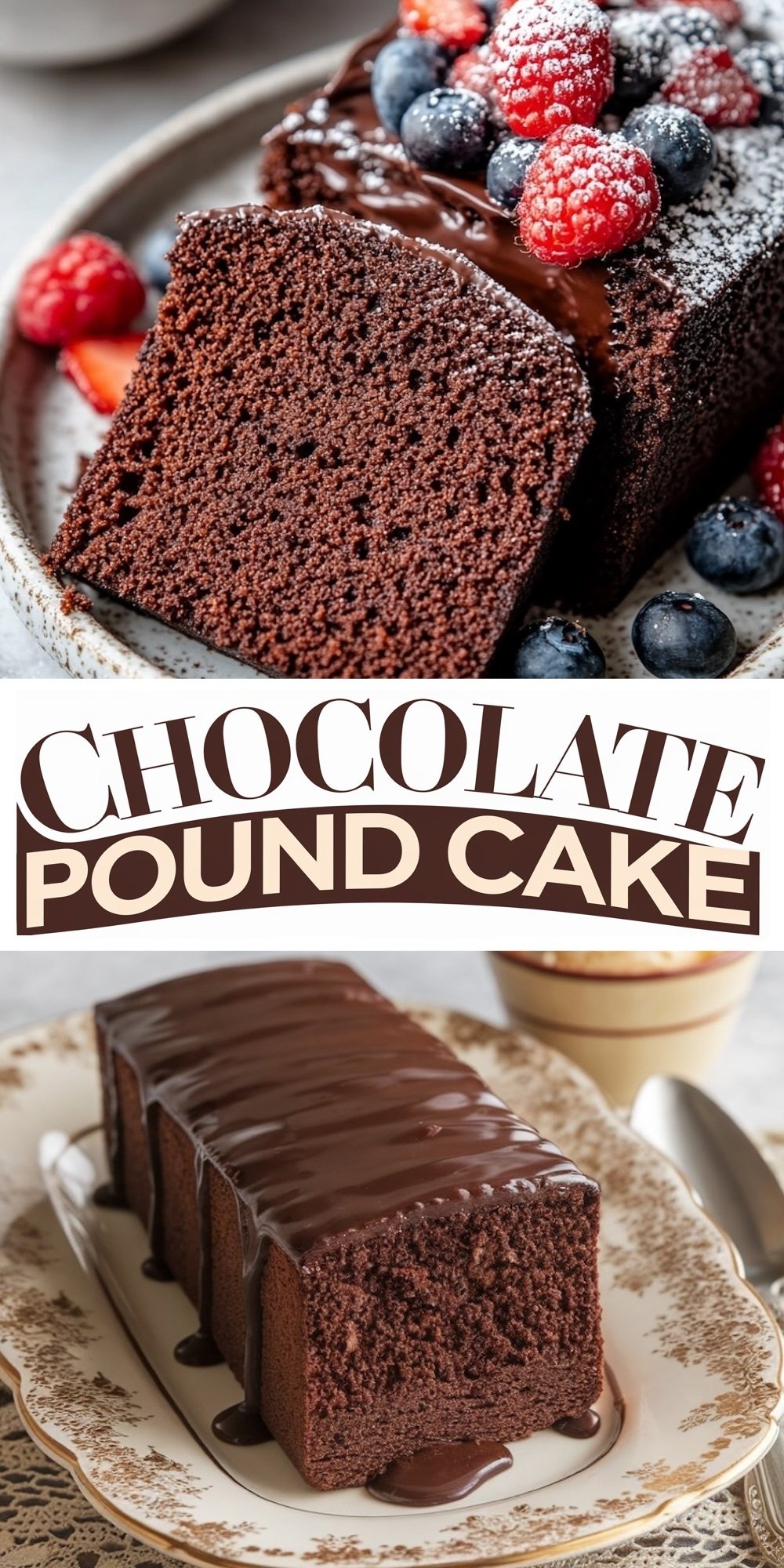 A rich, decadent chocolate pound cake topped with a thick, glossy layer of chocolate ganache, garnished with vibrant, fresh berries like raspberries and blueberries, lightly dusted with powdered sugar. This luxurious dessert showcases a moist, dense crumb and is served on a rustic ceramic plate, adding an elegant touch. The cake is displayed as a whole loaf and in a sliced presentation. Ideal for gatherings or special occasions, this chocolate pound cake is an inviting treat with a gourmet feel.