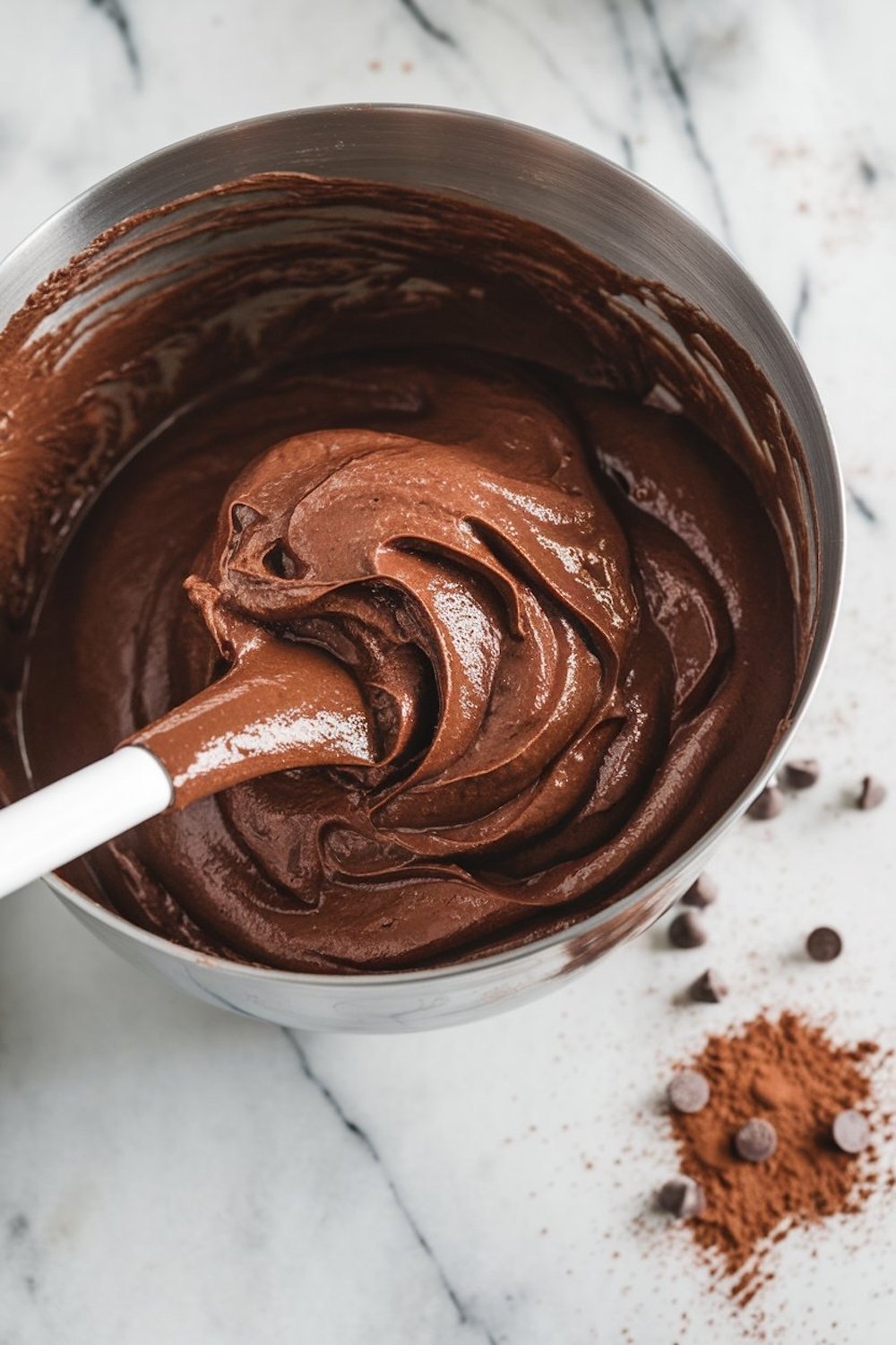 A mixing bowl filled with creamy, glossy chocolate batter, swirled to a smooth consistency with a spatula. Surrounding the bowl are scattered chocolate chips and cocoa powder, showcasing the rich chocolatey ingredients and preparation process of this decadent dessert.