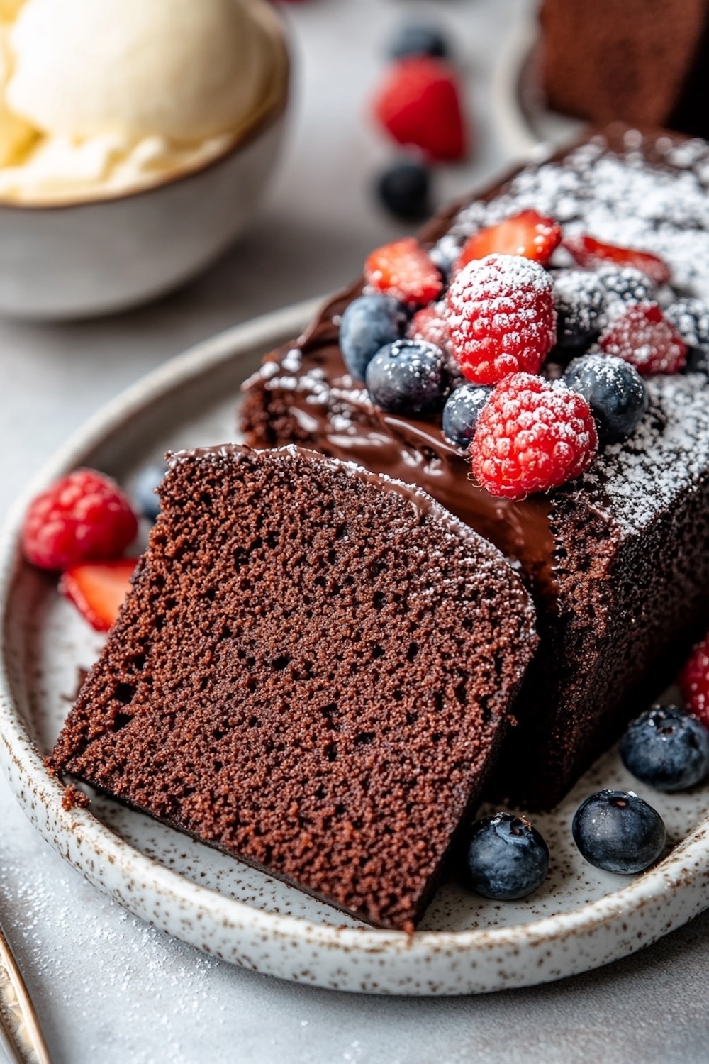 A chocolate pound cake topped with a layer of melted chocolate ganache and adorned with fresh raspberries, blueberries, and a light dusting of powdered sugar. The vibrant berries add a pop of color and freshness, making it an appealing centerpiece dessert for gatherings.