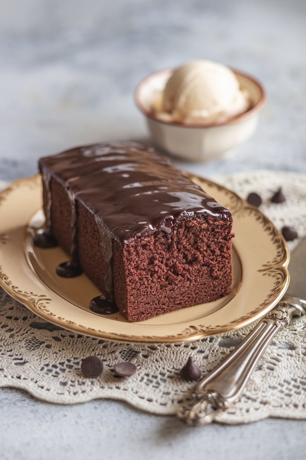 A slice of chocolate pound cake with a generous drizzle of ganache, served on an elegant vintage plate with a scoop of vanilla ice cream in the background. The dessert is surrounded by chocolate chips and lace detailing, adding a touch of nostalgia to this comforting treat.