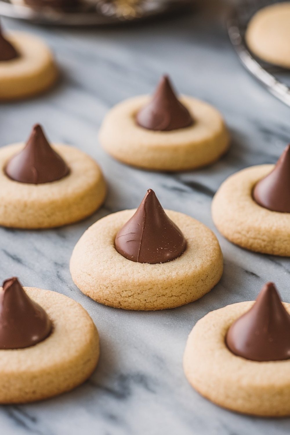 Rows of freshly baked Christmas kiss sugar cookies on a marble background, each topped with a single chocolate kiss and perfect for the holidays.

