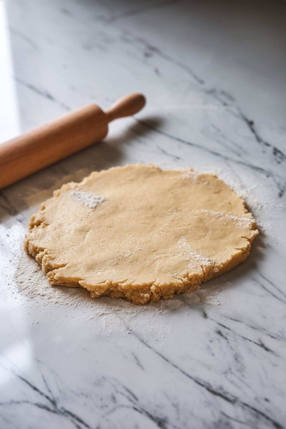 Rolled-out sugar cookie dough on a floured marble surface, with a wooden rolling pin beside it, creating a rustic preparation scene for baking holiday cookies.