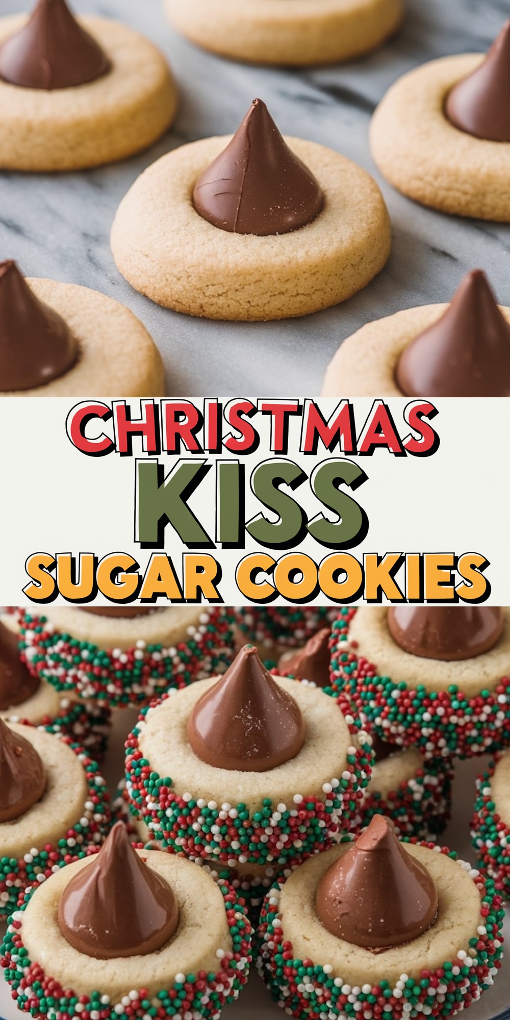 Pinterest-optimized image of classic Christmas kiss sugar cookies. The top half shows simple sugar cookies each topped with a single chocolate kiss on a marble background. In the middle, bold text reads “Christmas Kiss Sugar Cookies” in festive colors. The bottom half features cookies decorated with holiday-colored sprinkles in red, green, and white around the edges, creating a festive holiday treat that’s perfect for Christmas parties and holiday baking ideas.