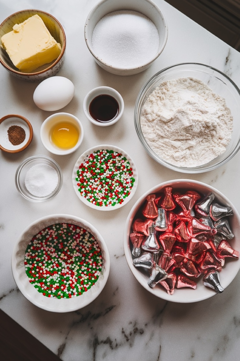 Overhead view of ingredients for Christmas kiss cookies, including butter, sugar, flour, a single egg, vanilla extract, green and red sprinkles, and chocolate kisses wrapped in silver and red foil. All items are neatly arranged on a marble countertop.