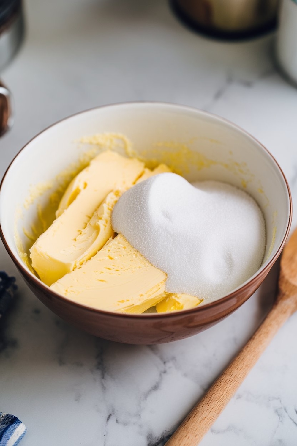 A mixing bowl filled with softened butter and granulated sugar, ready for creaming. A wooden spoon lies nearby, adding a cozy touch to the holiday baking preparation.