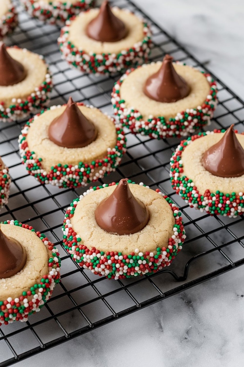 Christmas kiss sugar cookies on a cooling rack, each cookie adorned with a chocolate kiss in the center and colorful holiday sprinkles around the edges for a festive, joyful look.

