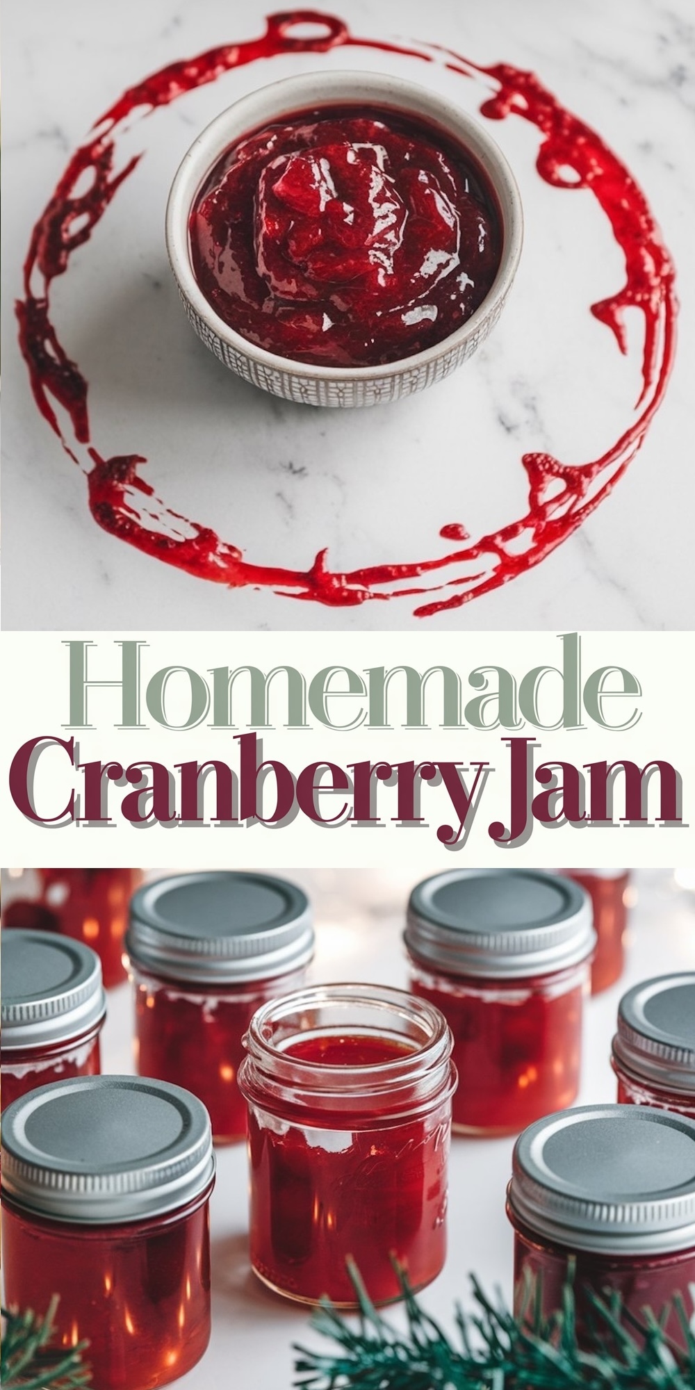 Traditional homemade cranberry jam Christmas recipe in multiple glass jars with lids, with bright red cranberry drips for a festive look. This Christmas jam recipe is a classic holiday preserve, ideal for serving with holiday meals or gifting.