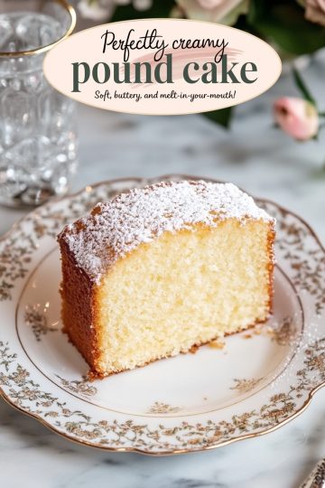 A close-up of a cream cheese pound cake slice on an ornate floral-patterned plate, lightly dusted with powdered sugar, set against a marble background with a blurred glass and floral decor.