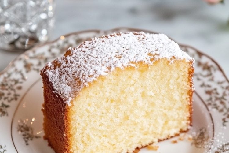 A close-up of a cream cheese pound cake slice on an ornate floral-patterned plate, lightly dusted with powdered sugar, set against a marble background with a blurred glass and floral decor.