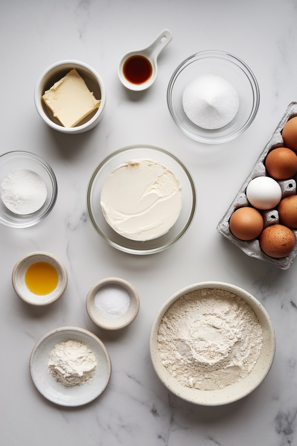 Flat lay of ingredients for cream cheese pound cake, including cream cheese, butter, sugar, eggs, vanilla extract, flour, baking powder, and salt, arranged neatly on a white marble surface.