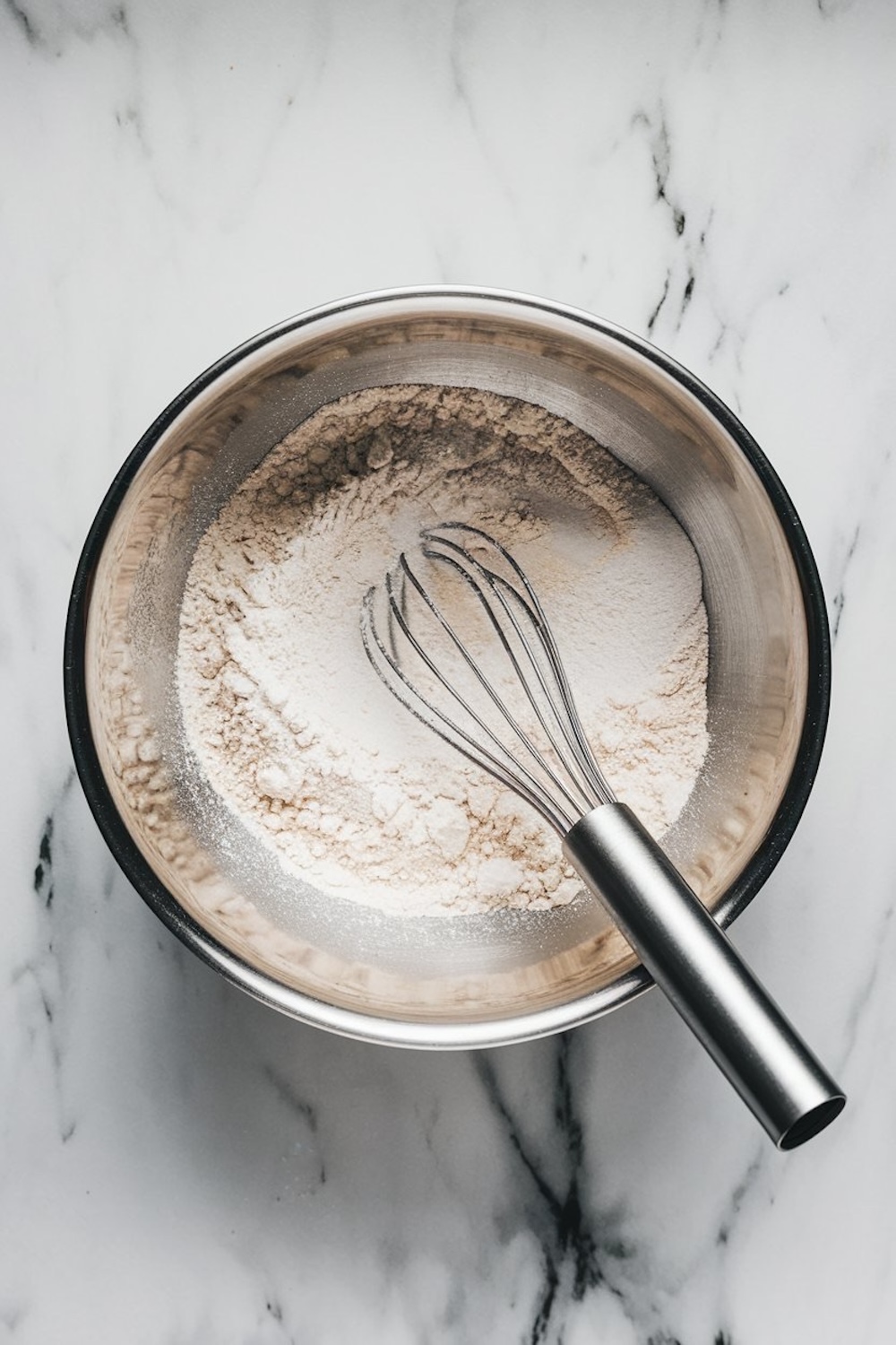 A stainless steel mixing bowl filled with sifted dry ingredients, including flour, baking powder, and salt, on a white marble surface. A metal whisk rests inside the bowl, ready for blending.