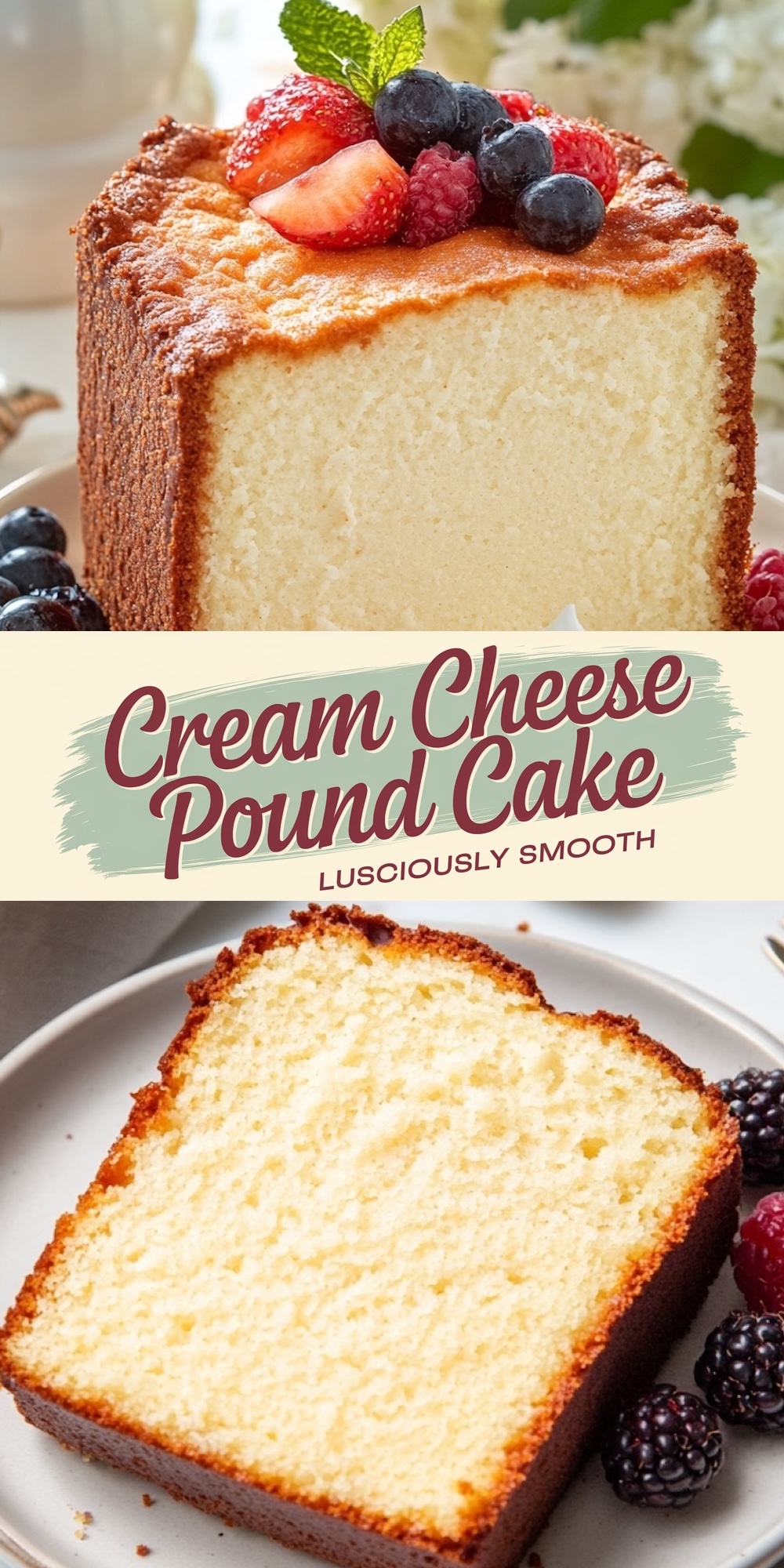 Top: A cream cheese pound cake slice displayed on a plate, surrounded by blackberries and whipped cream, highlighting its golden crust and soft interior.
Bottom: A dusted cream cheese pound cake slice on a vintage floral plate, showcasing a powdered sugar topping and delicate, buttery crumb.