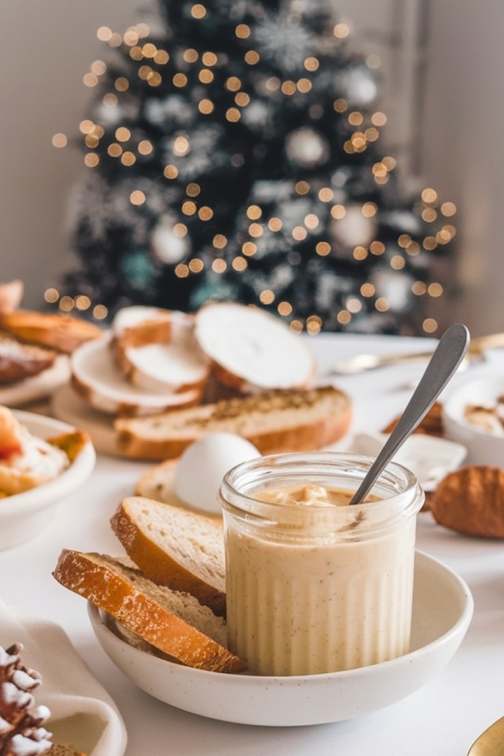 A holiday-inspired breakfast table set in front of a decorated Christmas tree with twinkling lights. The centerpiece is a jar of eggnog jam, paired with a plate of bread slices and a spreader spoon. The background hints at a warm and festive atmosphere, perfect for enjoying seasonal flavors during holiday gatherings.