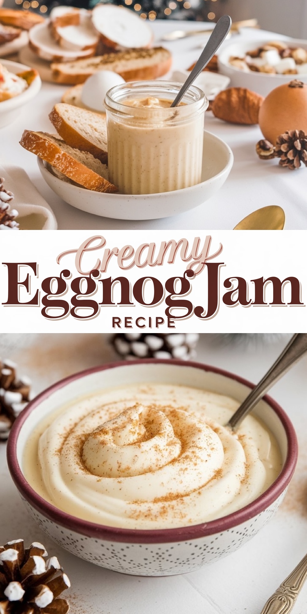 Festive creamy eggnog jam recipe in a jar with a spoon, served with slices of bread in a cozy Christmas setting. This Christmas jam recipe captures the flavors of eggnog, with hints of vanilla and nutmeg, perfect for spreading on toast during holiday breakfasts.