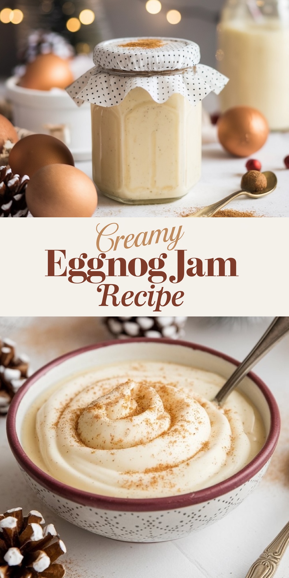 A festive layout featuring a jar of creamy eggnog jam with bread slices for spreading. The design includes a swirl of eggnog jam sprinkled with nutmeg in a decorative bowl, providing a close-up view of the jam’s smooth, velvety texture. The caption "Creamy Eggnog Jam Recipe" in elegant lettering reinforces the holiday theme, making it ideal for Christmas breakfast or brunch.