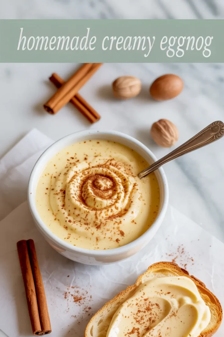 Bowl of thick homemade eggnog with cinnamon dusting and a swirl pattern, surrounded by whole nutmeg and cinnamon sticks, with a slice of bread spread with eggnog cream on the side.