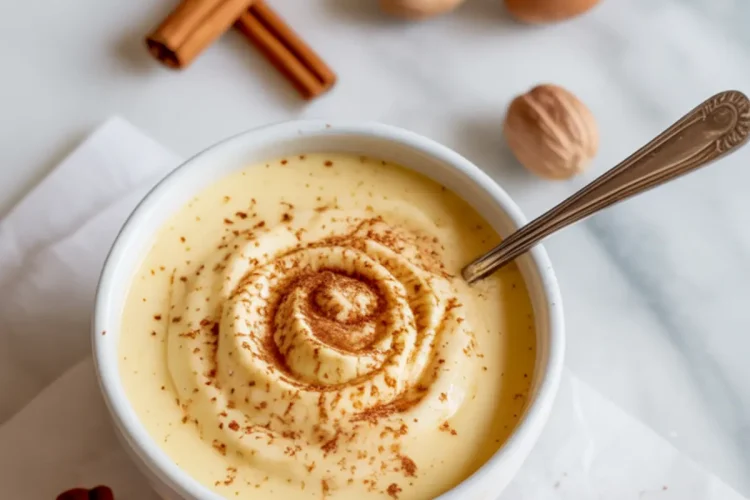 Bowl of thick homemade eggnog with cinnamon dusting and a swirl pattern, surrounded by whole nutmeg and cinnamon sticks, with a slice of bread spread with eggnog cream on the side.