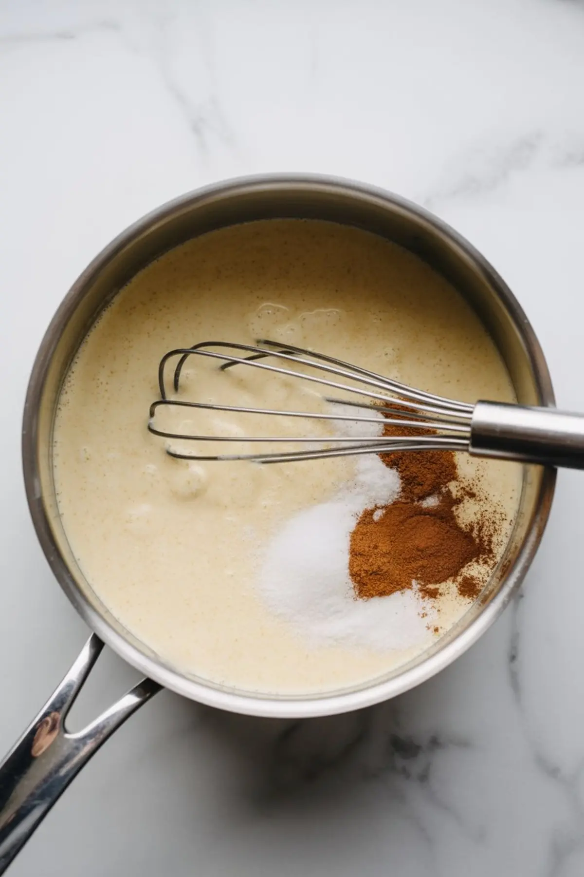 Whisk stirring a saucepan of homemade eggnog base on a marble surface, with added ground cinnamon, white sugar, and ingredients blending into a frothy golden mixture.