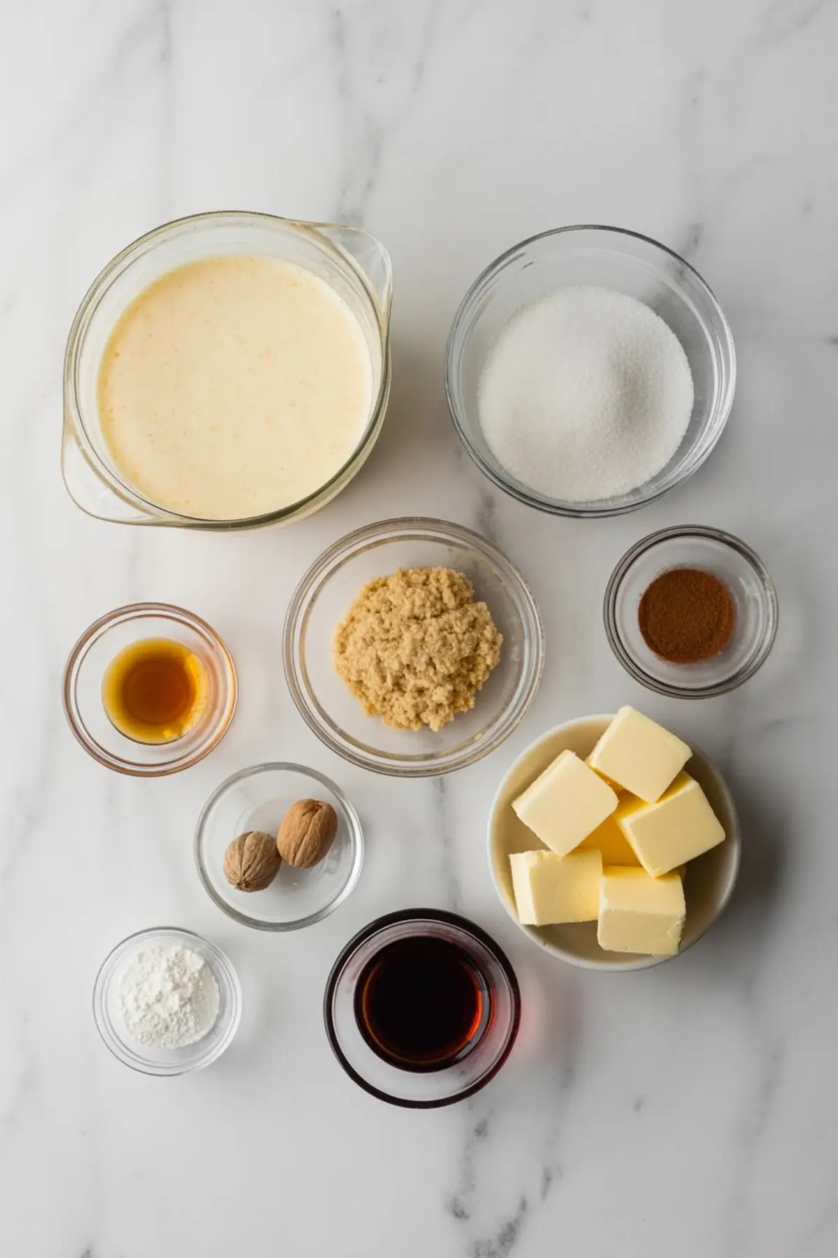 Flat lay of homemade eggnog ingredients on a marble countertop, including granulated sugar, brown sugar, butter cubes, whole nutmeg, ground cinnamon, vanilla extract, cornstarch, heavy cream, and dark rum in glass bowls.