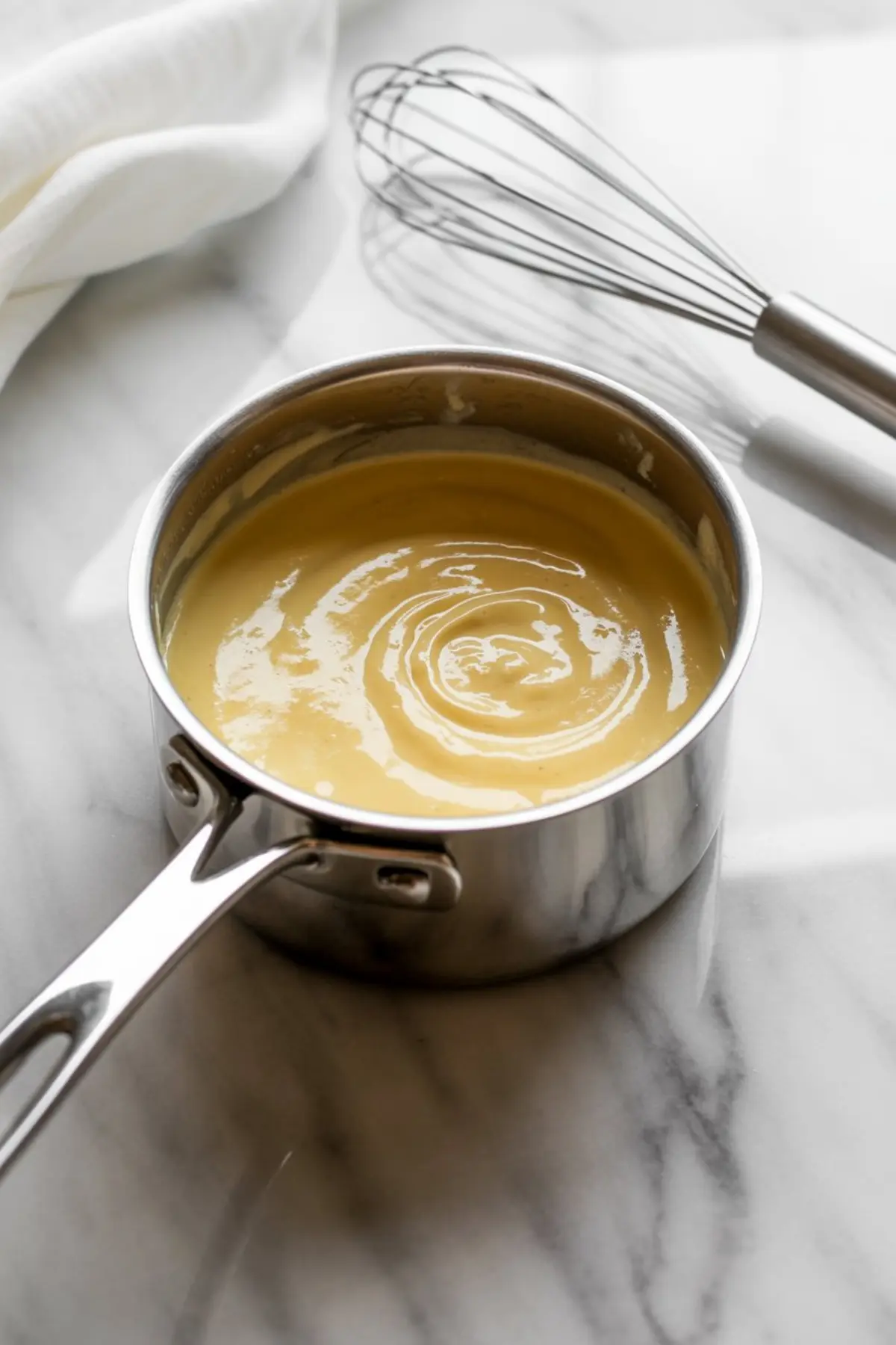 Smooth, cooked eggnog mixture swirled into a glossy finish in a stainless steel pot, resting beside a metal whisk on a white marble counter.