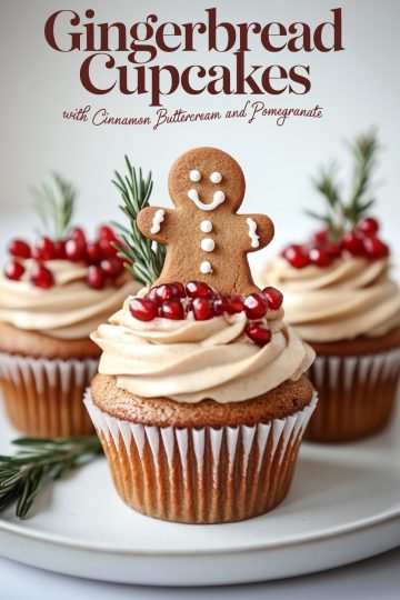 Close-up of a beautifully decorated gingerbread cupcake with cinnamon buttercream frosting. A smiling gingerbread man cookie sits atop a ring of juicy pomegranate arils, accented with rosemary sprigs, creating a festive and rustic holiday feel ideal for Christmas or winter-themed desserts.