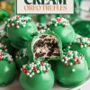 A plate of Irish Cream Oreo truffles decorated for St. Patrick's Day, with a bold text overlay that reads "Irish Cream Oreo Truffles." The rich green coating and holiday sprinkles evoke a fun, celebratory theme perfect for St. Patrick’s Day gatherings or festive treats.