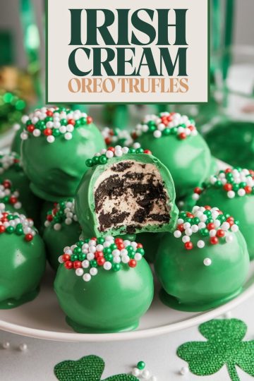 A plate of Irish Cream Oreo truffles decorated for St. Patrick's Day, with a bold text overlay that reads "Irish Cream Oreo Truffles." The rich green coating and holiday sprinkles evoke a fun, celebratory theme perfect for St. Patrick’s Day gatherings or festive treats.