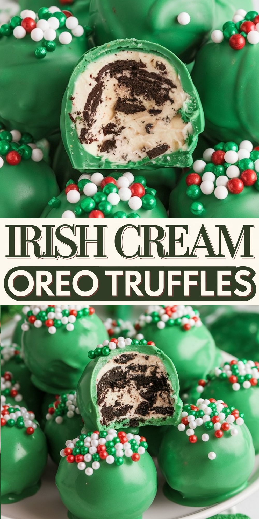 Close-up of green Irish Cream Oreo truffles, each dipped in vibrant green chocolate and topped with festive red, white, and green sprinkles. A truffle is cut open to reveal a creamy, Oreo-studded filling, creating a visually appealing, textured contrast.