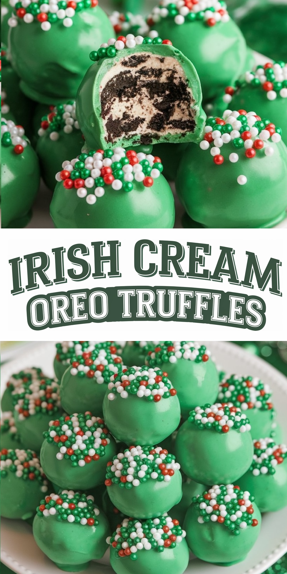 Close-up image of vibrant green Irish Cream Oreo truffles, decorated with festive red, white, and green sprinkles for St. Patrick’s Day celebrations. The truffles are coated in smooth green chocolate, with one cut open to reveal a creamy Oreo center. Below, a stacked plate showcases a festive presentation of these no-bake treats, ideal for holiday dessert tables or party favors.