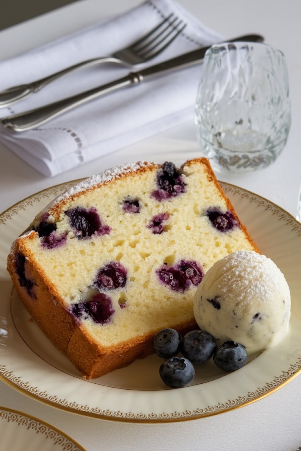 A thick slice of lemon blueberry pound cake on a ceramic plate, accompanied by a scoop of vanilla ice cream and sprinkled with powdered sugar. In the background, glasses of orange juice and lemon wedges with blueberries add a cozy breakfast or brunch setting.