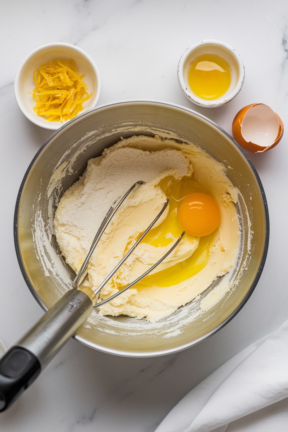 A large mixing bowl containing creamy cake batter with a fresh cracked egg on top, ready to be mixed. Surrounding the bowl are small white bowls with lemon zest and vanilla extract, showcasing essential ingredients for lemon blueberry pound cake on a marble surface.