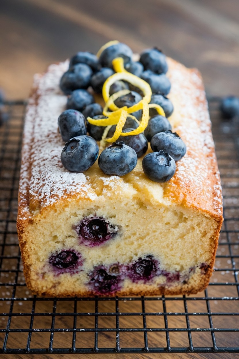 A freshly baked loaf of lemon blueberry pound cake on a cooling rack, topped with a dusting of powdered sugar, fresh blueberries, and lemon zest curls. The cake’s golden crust and vibrant blueberries create a rustic, homemade look, perfect for dessert or brunch.