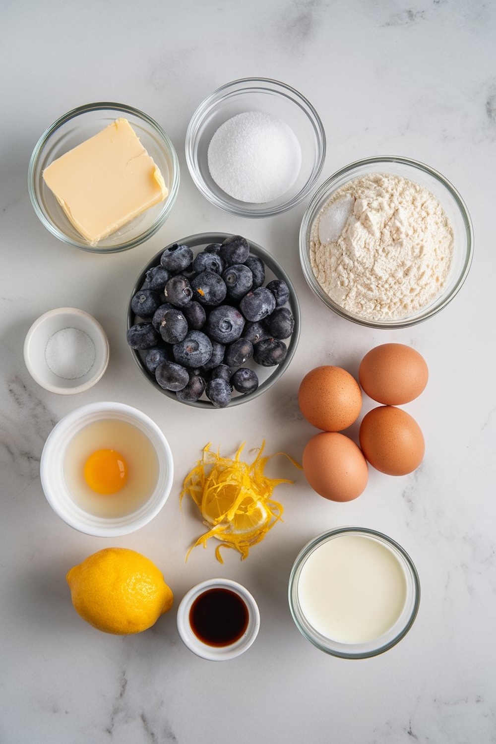 A flat lay of ingredients for lemon blueberry pound cake, including fresh blueberries, lemon zest, eggs, flour, sugar, butter, milk, and vanilla extract. Each item is neatly placed in glass bowls on a marble countertop, highlighting the fresh, simple components of this homemade cake recipe.