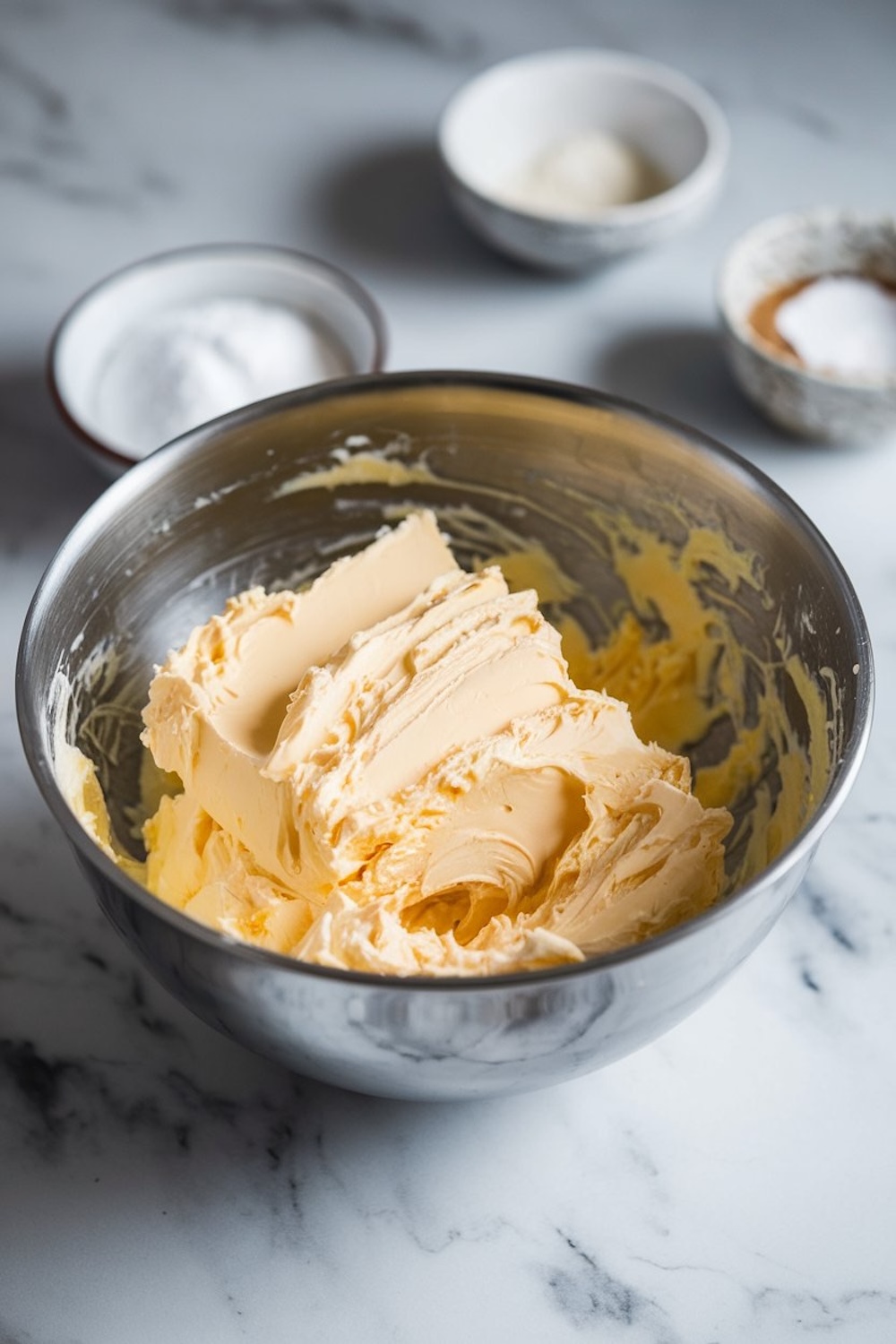 A smooth, fluffy butter mixture in a stainless steel mixing bowl, whipped to creamy perfection as the base for lemon blueberry pound cake batter. The bowl is placed on a marble countertop with other baking ingredients in the background, ready for the next step in the recipe.

