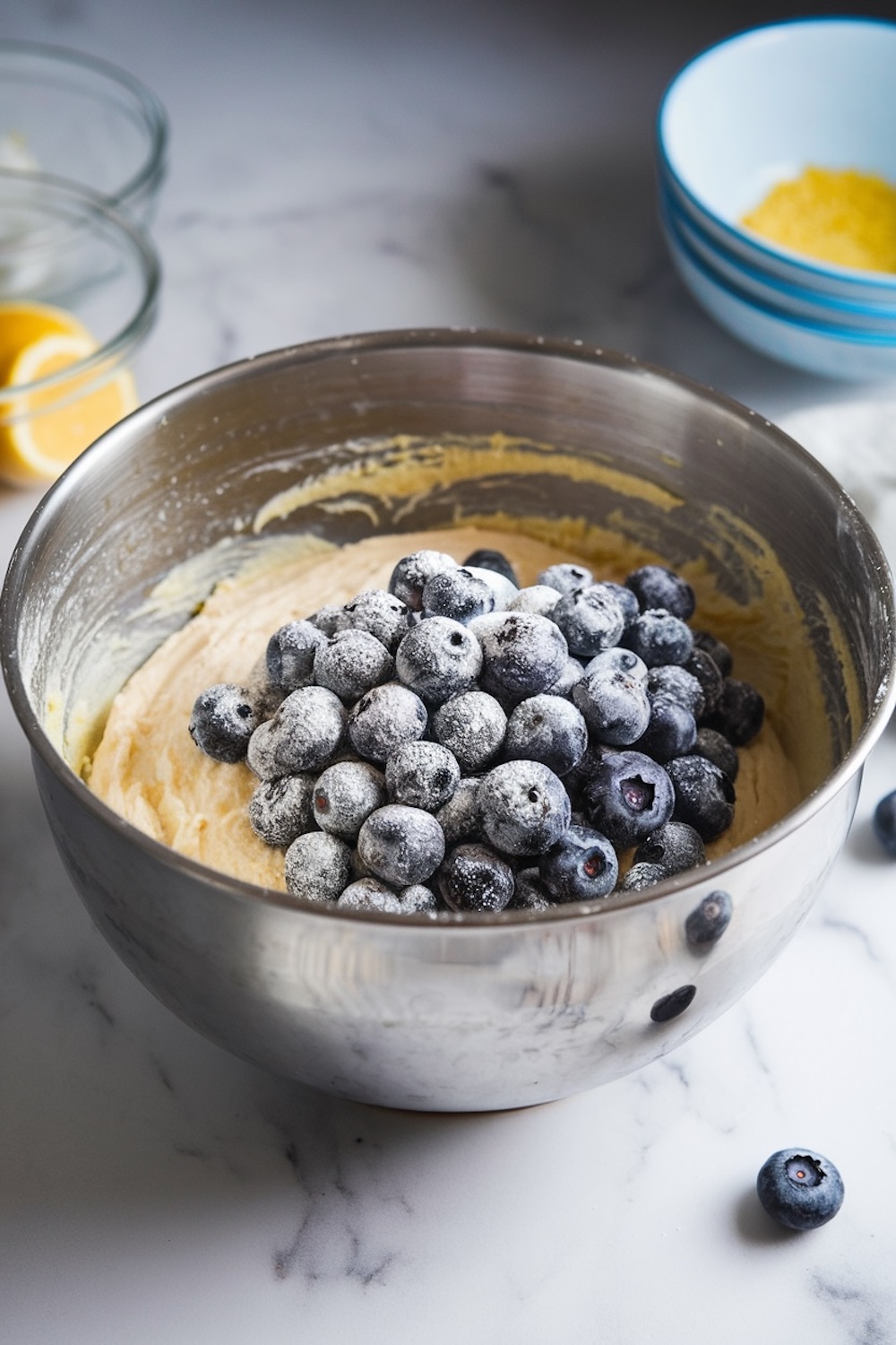 Fresh blueberries lightly dusted with flour are added to a bowl of pale, creamy lemon cake batter, ready to be mixed in. This close-up shows the vibrant berries nestled in the batter, promising bursts of juicy flavor throughout the cake.