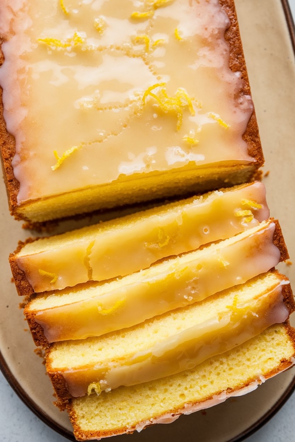 Sliced lemon pound cake with a generous lemon glaze, arranged on a rustic serving platter. Each slice reveals the soft, dense texture of the cake and is adorned with lemon zest, making it a perfect citrusy treat for afternoon tea or dessert.