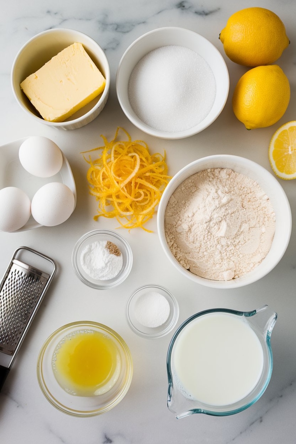 Flat lay of ingredients for making lemon pound cake, including flour, sugar, butter, eggs, fresh lemons, lemon zest, and milk. This setup captures the essential ingredients needed for a homemade, tangy lemon cake, ideal for baking enthusiasts looking to create from-scratch recipes.