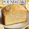 A single slice of lemon pound cake with a tender crumb and shiny lemon glaze, garnished with lemon zest, served on a delicate china plate. The slice reveals the cake's moist, buttery texture, ideal for showcasing a classic dessert with a refreshing citrus twist.