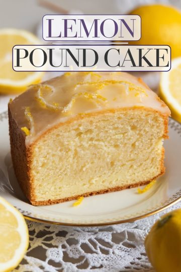A single slice of lemon pound cake with a tender crumb and shiny lemon glaze, garnished with lemon zest, served on a delicate china plate. The slice reveals the cake's moist, buttery texture, ideal for showcasing a classic dessert with a refreshing citrus twist.