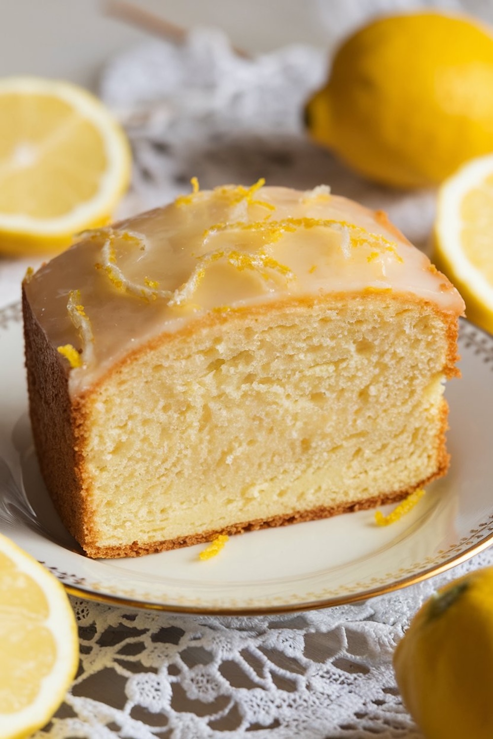 A single slice of lemon pound cake with a tender crumb and shiny lemon glaze, garnished with lemon zest, served on a delicate china plate. The slice reveals the cake's moist, buttery texture, ideal for showcasing a classic dessert with a refreshing citrus twist.