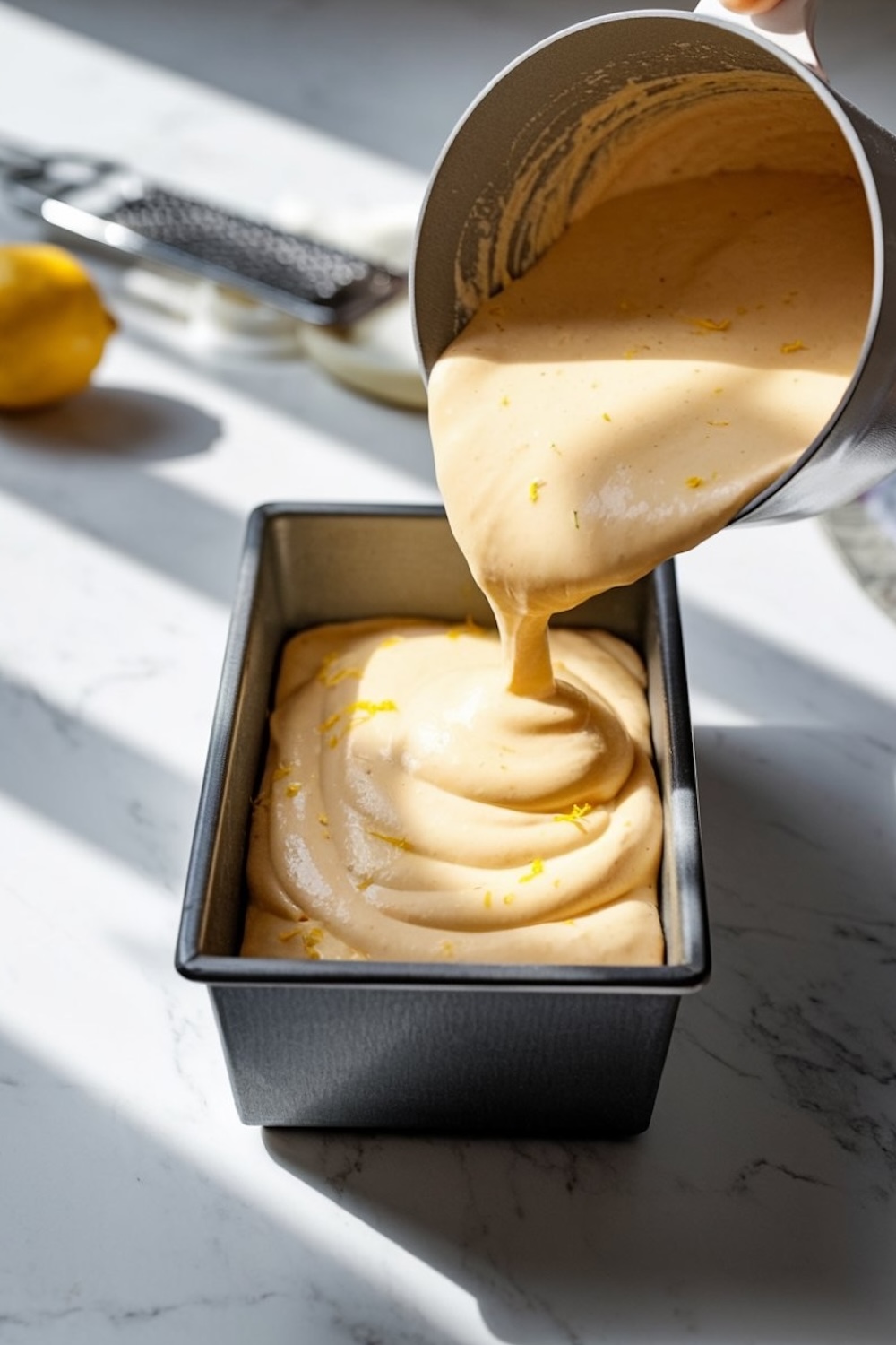 Silky lemon pound cake batter being poured into a loaf pan, dotted with bright yellow lemon zest. The batter’s creamy texture and sunlight streaming in highlight the beginning of this zesty baking process, perfect for cozy kitchen moments and dessert preparation inspiration.