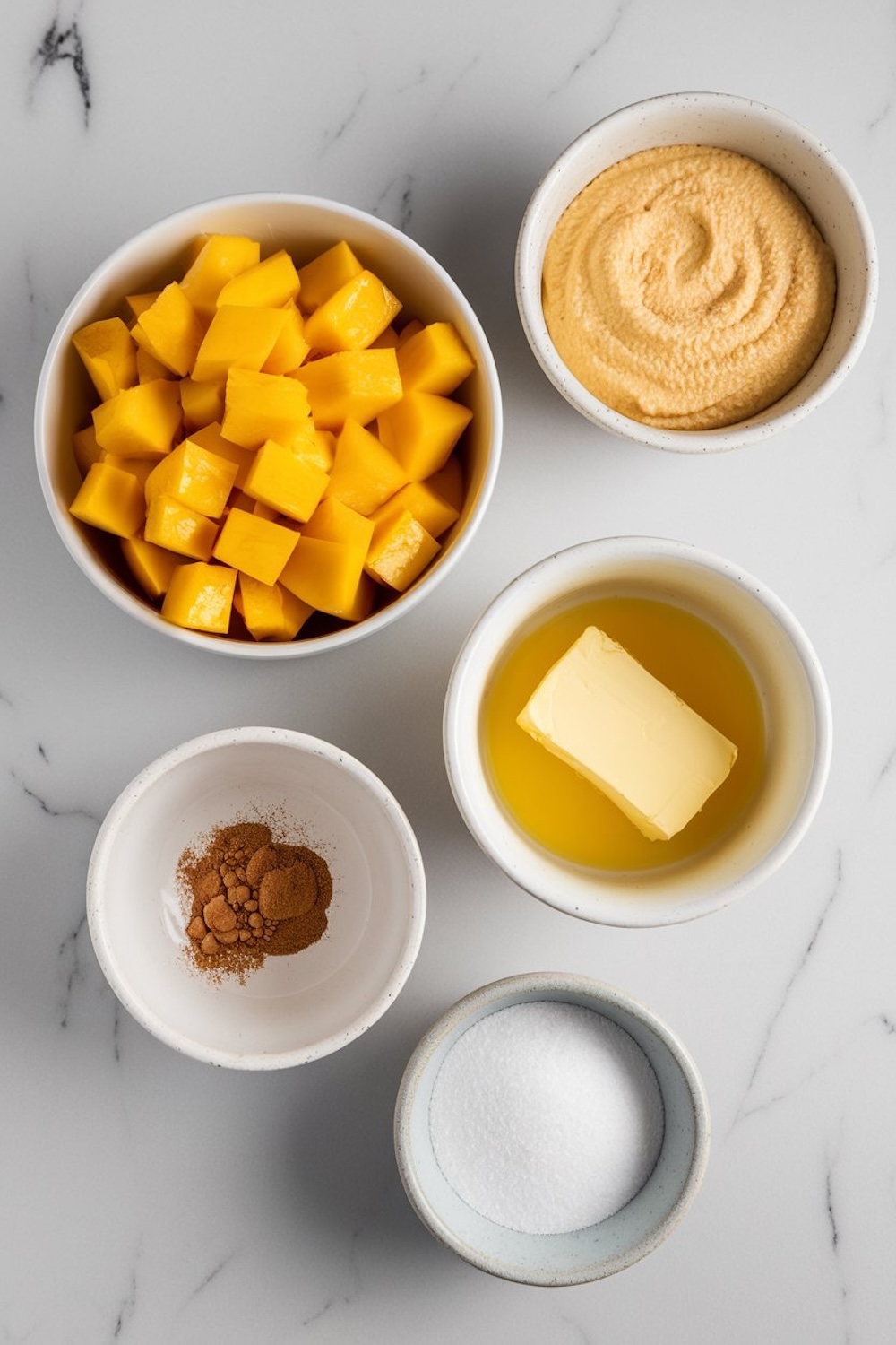 Essential ingredients for making mango dump cake are neatly arranged on a marble surface. Bowls contain fresh mango chunks, melted butter, cake mix, sugar, and a hint of cinnamon for added warmth. This simple ingredient lineup highlights the ease and accessibility of this tropical-inspired dessert recipe.
