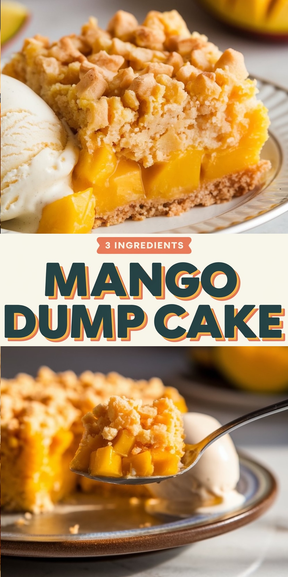A slice of three-ingredient mango dump cake served on a plate with a generous scoop of creamy vanilla ice cream. The cake’s thick layer of crumbly, golden topping contrasts beautifully with the vibrant, juicy mango filling beneath. The text “Mango Dump Cake” highlights the simplicity and appeal of this easy, fruity dessert recipe.

