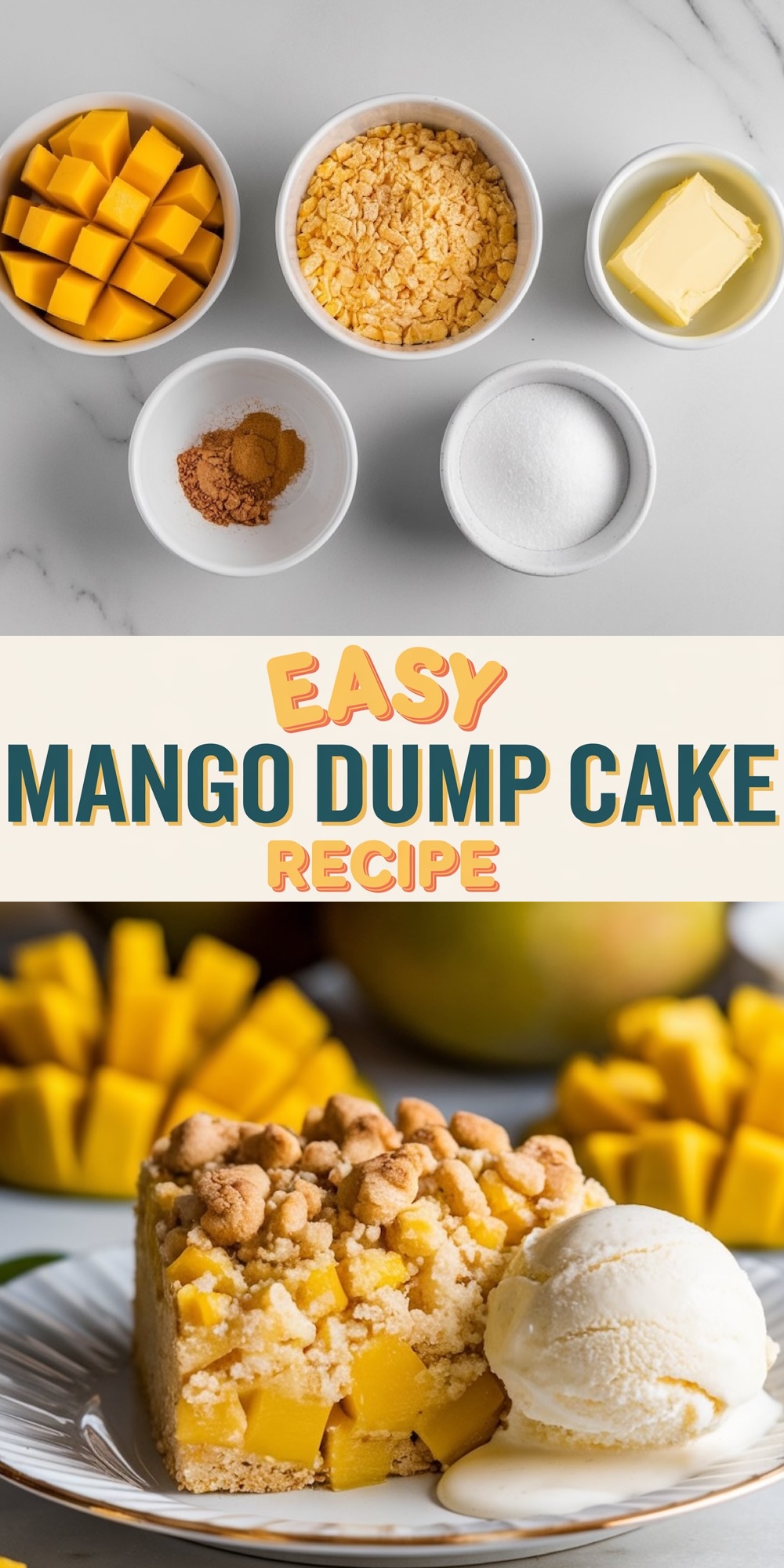 A beautifully arranged layout featuring the simple ingredients for an easy mango dump cake, including fresh mango chunks, crushed cake mix, butter, sugar, and cinnamon, all placed in small bowls on a marble countertop. Below, a slice of the finished mango dump cake with a crumbly golden topping and vibrant mango filling sits on a plate with a scoop of vanilla ice cream. The text "Easy Mango Dump Cake Recipe" highlights the dessert’s simplicity and appeal, perfect for Pinterest users looking for quick, tropical dessert ideas.
