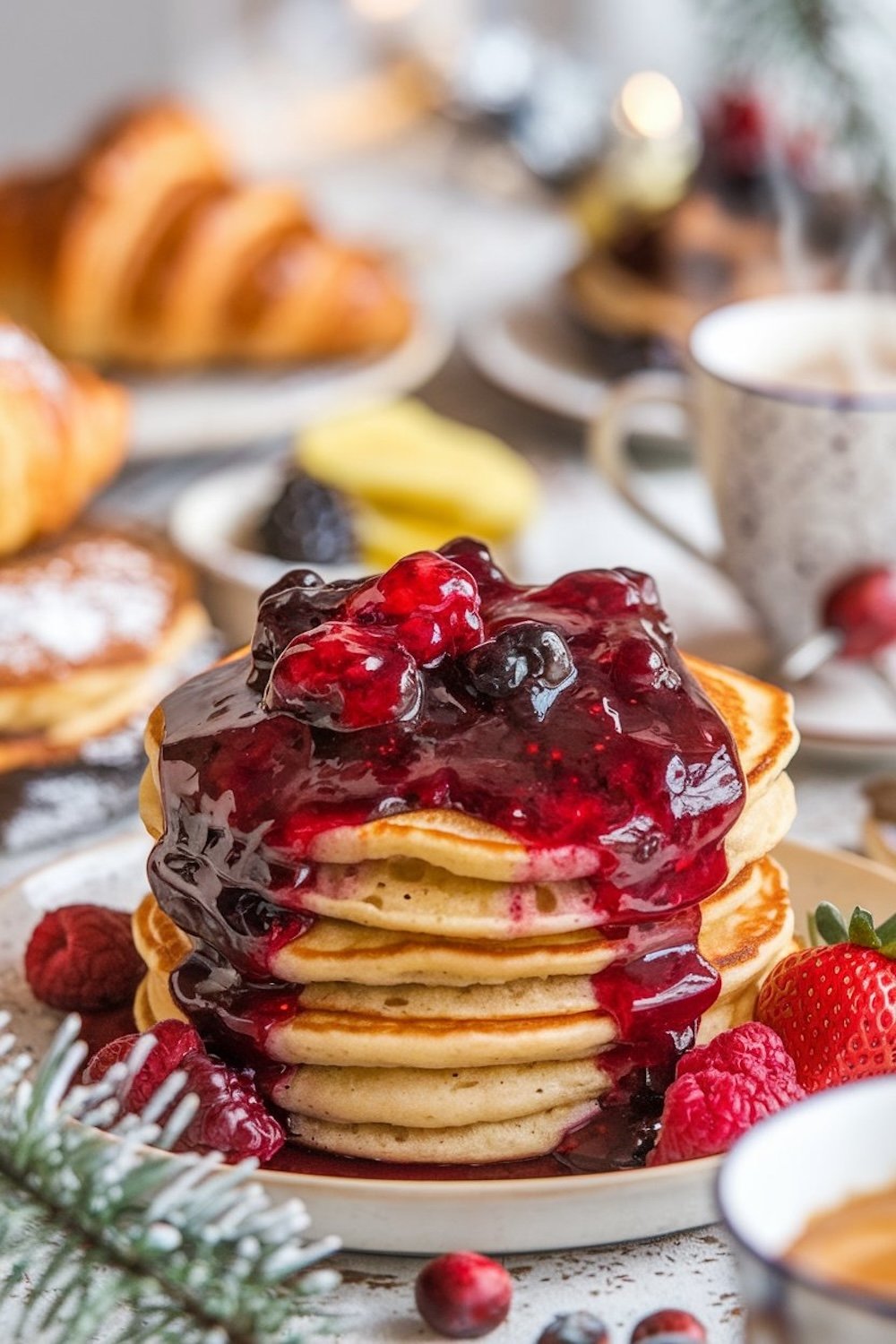 A stack of fluffy pancakes generously topped with warm mixed berry jam, garnished with fresh berries and surrounded by breakfast items like croissants and coffee. The berry topping creates a mouthwatering, syrupy effect, making these pancakes a delicious choice for a cozy breakfast or brunch.
