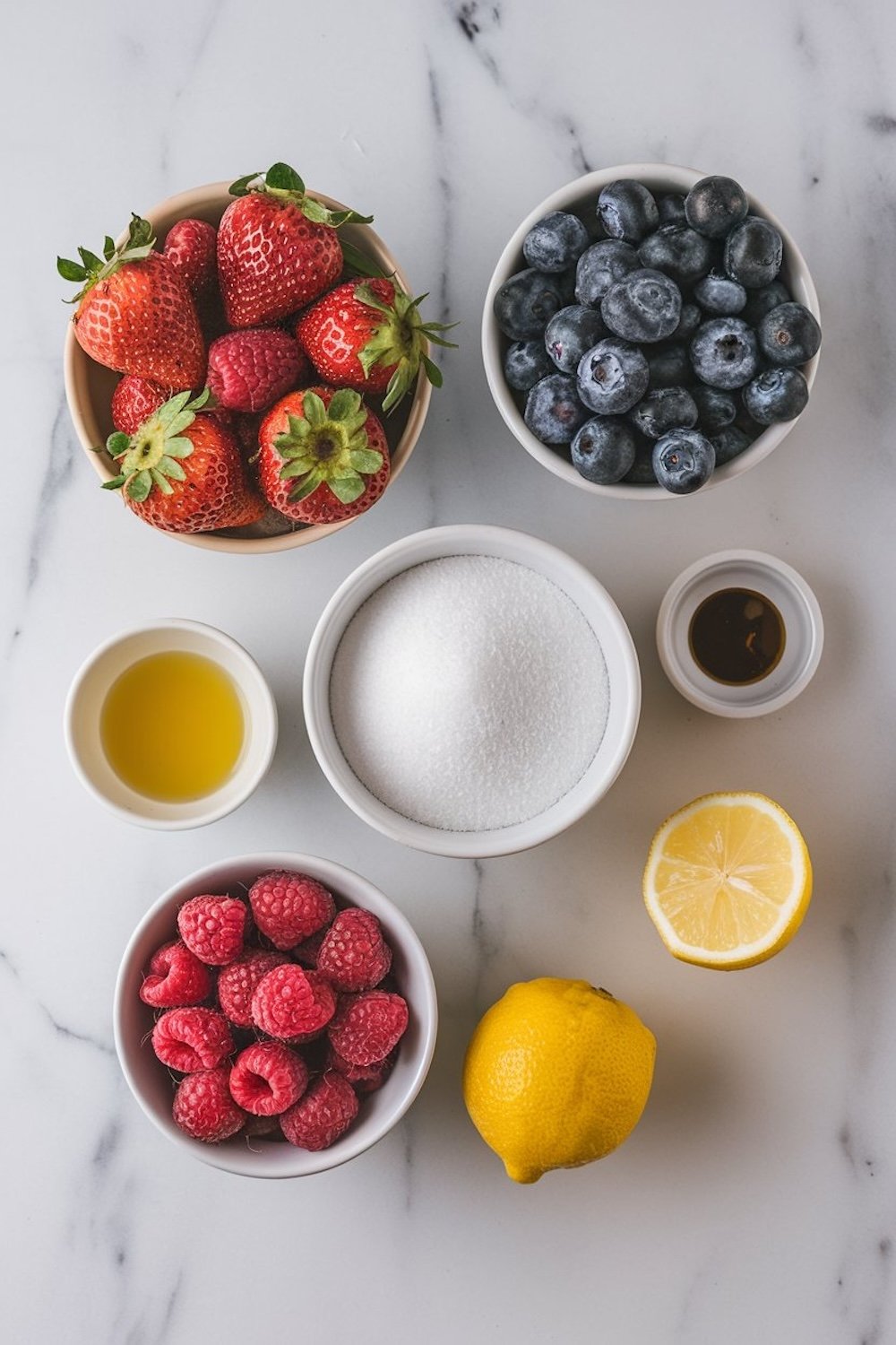 An arrangement of fresh ingredients for mixed berry jam, including strawberries, blueberries, raspberries, sugar, lemon, and vanilla extract. Set against a marble background, this setup highlights the natural, fruity ingredients used to create a flavorful and sweet berry jam.